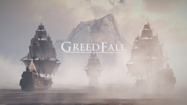 The image shows three massive ships approaching the island of Teer Fradee, with the title of the first game, GreedFall, superimposed on the image.