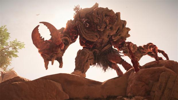 A neidag, a very rare creature usually only found on Teer Fradee, appears on the ridge of a hill, threatening the party.