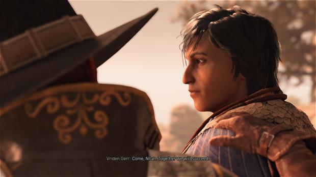 The image shows our protagonist in conversation with Nilan, their childhood friend and fellow doneigad.Weapons, Armor, Classes and Skills