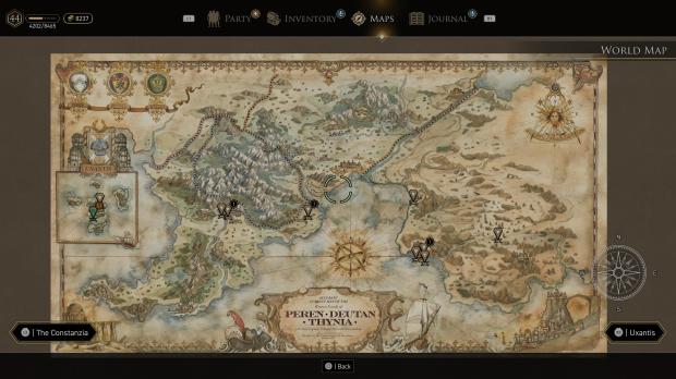 A map of the continent, highlighting the locations the game takes place in: namely the island of Uxantis, the city of Olima, the city of Peren, and the Eskiara Coastal Region.
