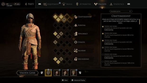 The image shows the Talents the protagonist can invest points in.